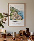 Framed travel illustration of Mediterranean coastal architecture
