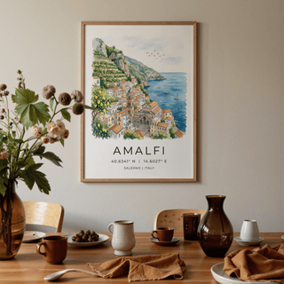 Framed travel illustration of Mediterranean coastal architecture