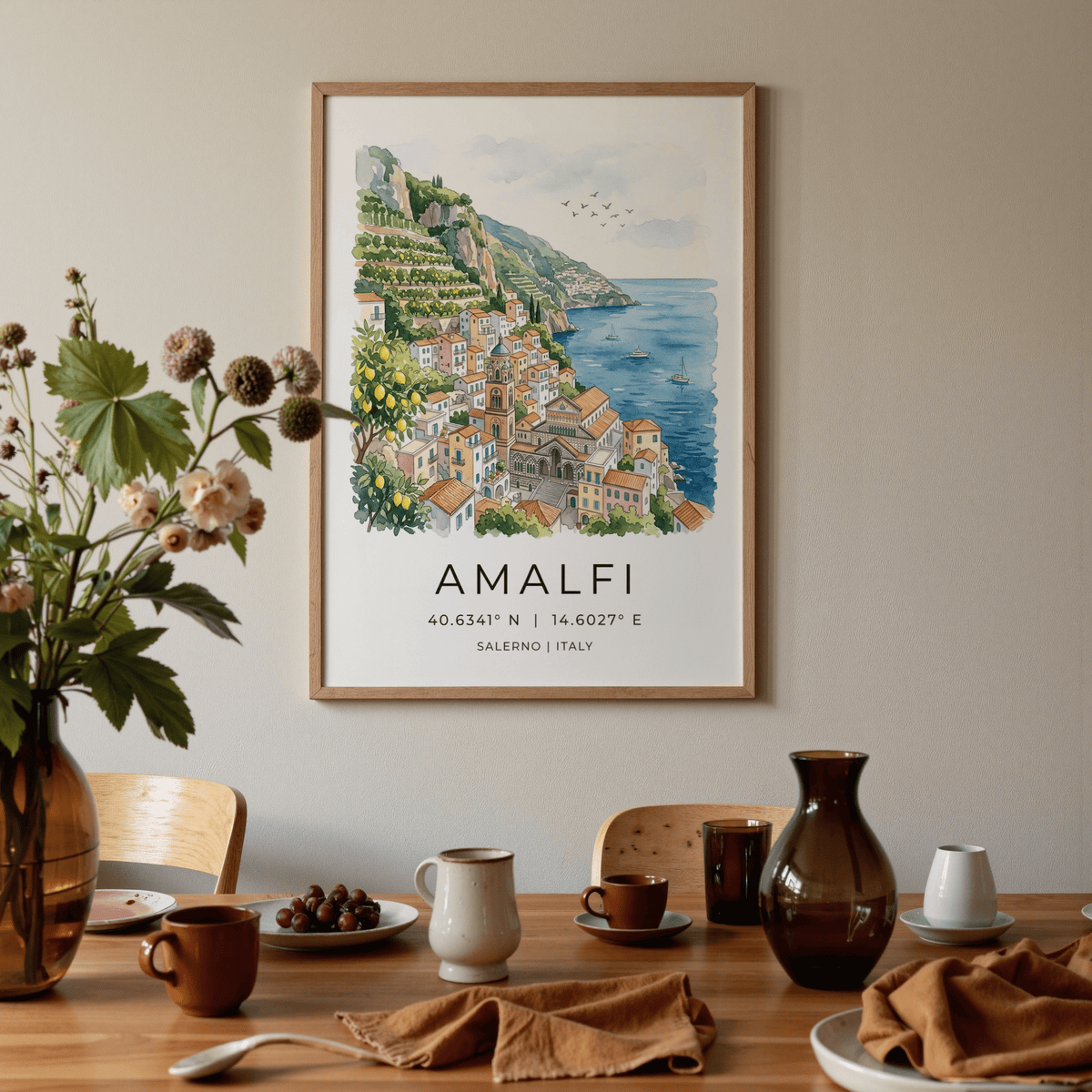 Framed travel illustration of Mediterranean coastal architecture