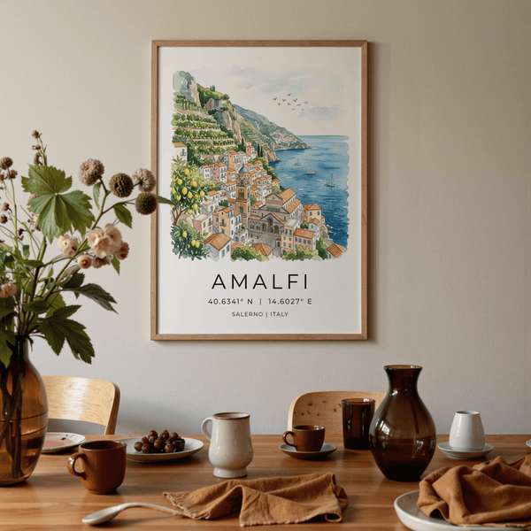 Framed travel illustration of Mediterranean coastal architecture