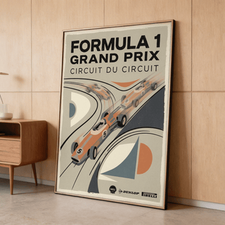 Angled print showing race car leaning into sweeping bend on retro circuit art