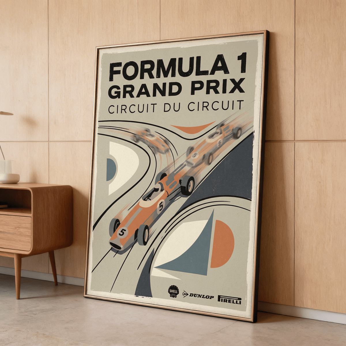Angled print showing race car leaning into sweeping bend on retro circuit art
