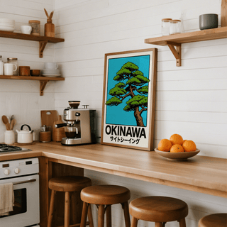 Modern Japanese Tree Print in Blue, Red, and White for dining area wall art