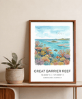 Travel-themed Great Barrier Reef Art Print with birds in sky and reef foreground