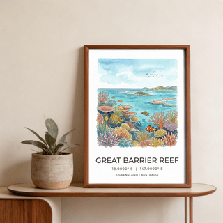 Travel-themed Great Barrier Reef Art Print with birds in sky and reef foreground