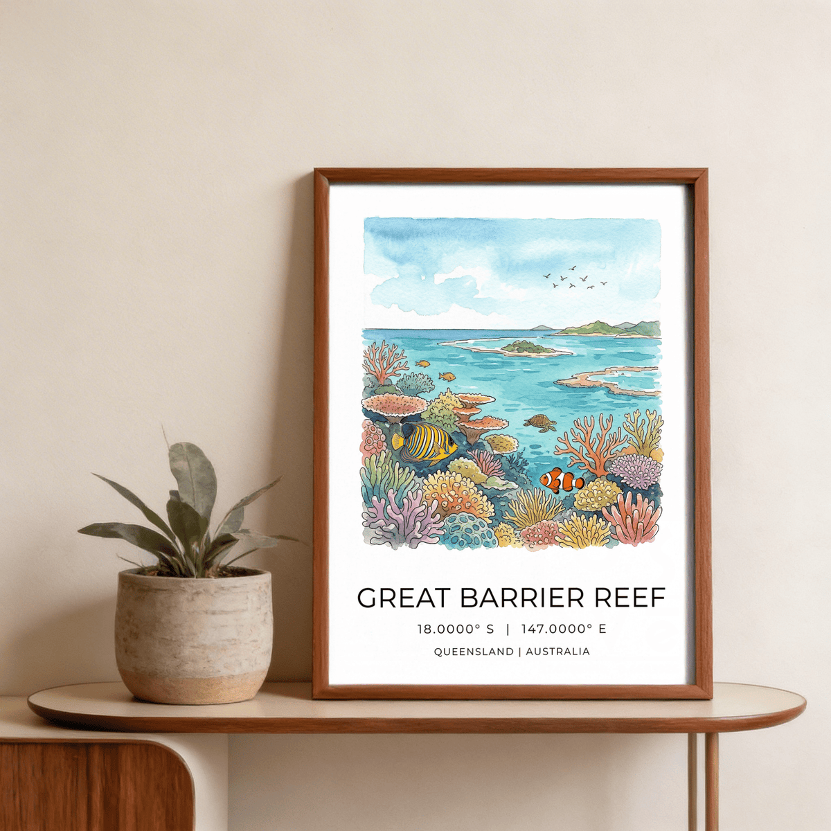 Travel-themed Great Barrier Reef Art Print with birds in sky and reef foreground