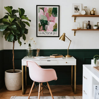 Modern interior with high quality art prints featuring layered foliage.