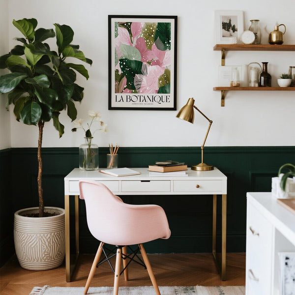 Modern interior with high quality art prints featuring layered foliage.