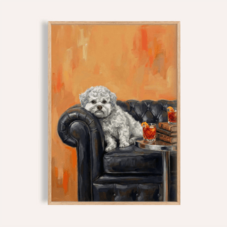 Dog with Human Face art print in Orange, White, and Black for living room