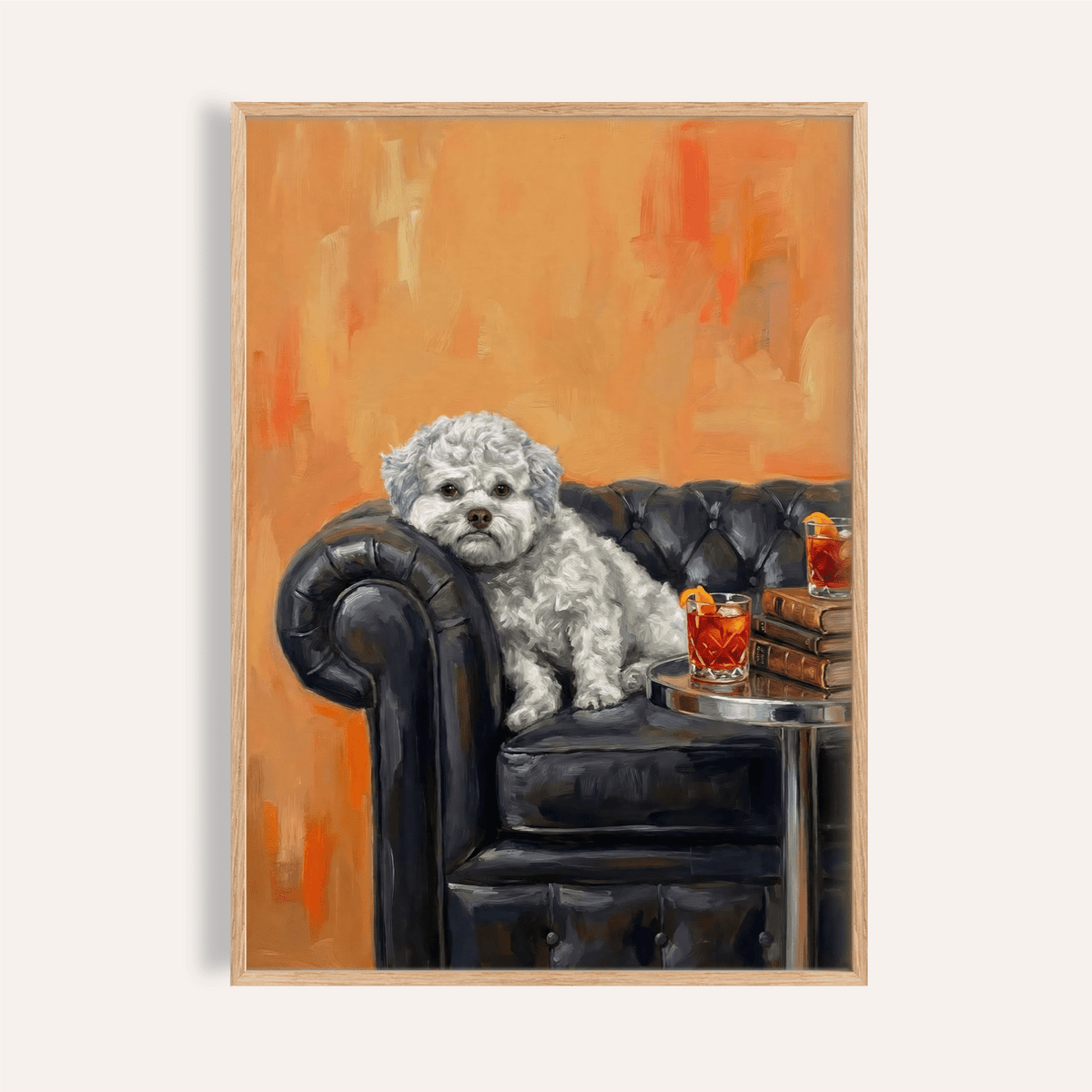 Dog with Human Face art print in Orange, White, and Black for living room