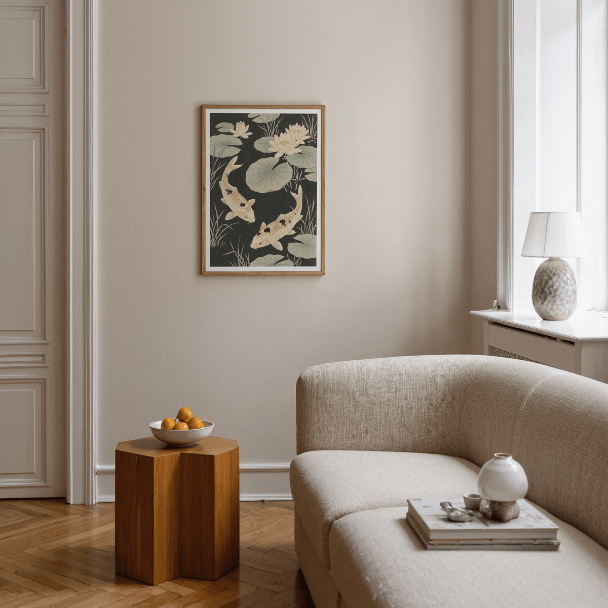Japanese Koi Carp Art poster with soft Yellow accents for office decor