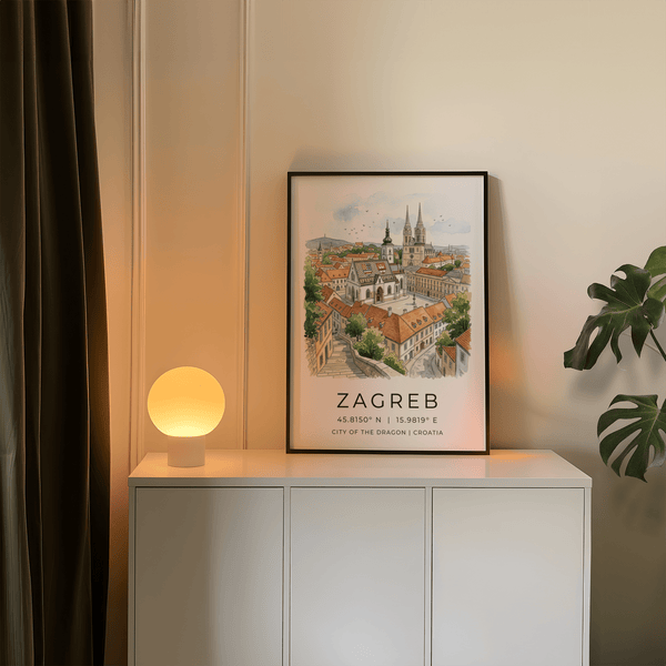 Zagreb City Art Print travel wall art with big ZAGREB text and coordinate-style numbers below