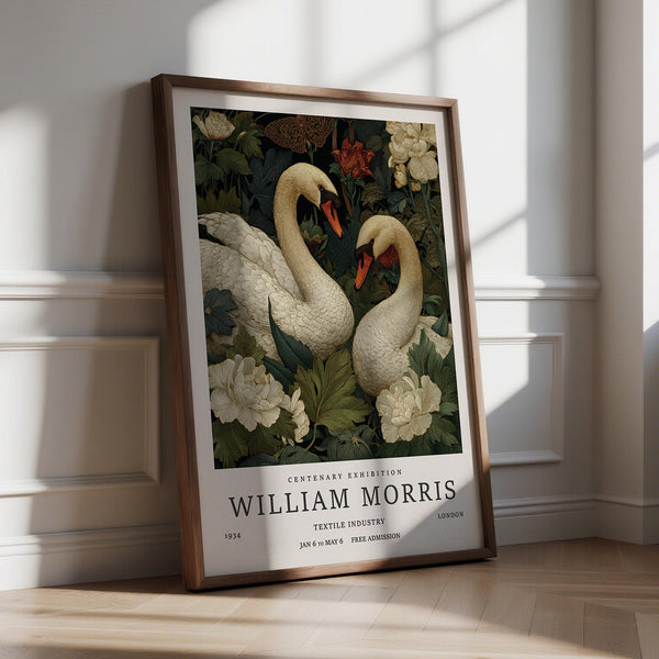 Swan Wall Art with two white swans surrounded by detailed green foliage and ivory flowers.