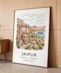 Travel poster print of Jaipur cityscape with lake pavilion, birds, and coordinates text