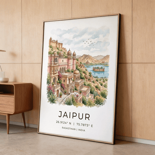 Travel poster print of Jaipur cityscape with lake pavilion, birds, and coordinates text