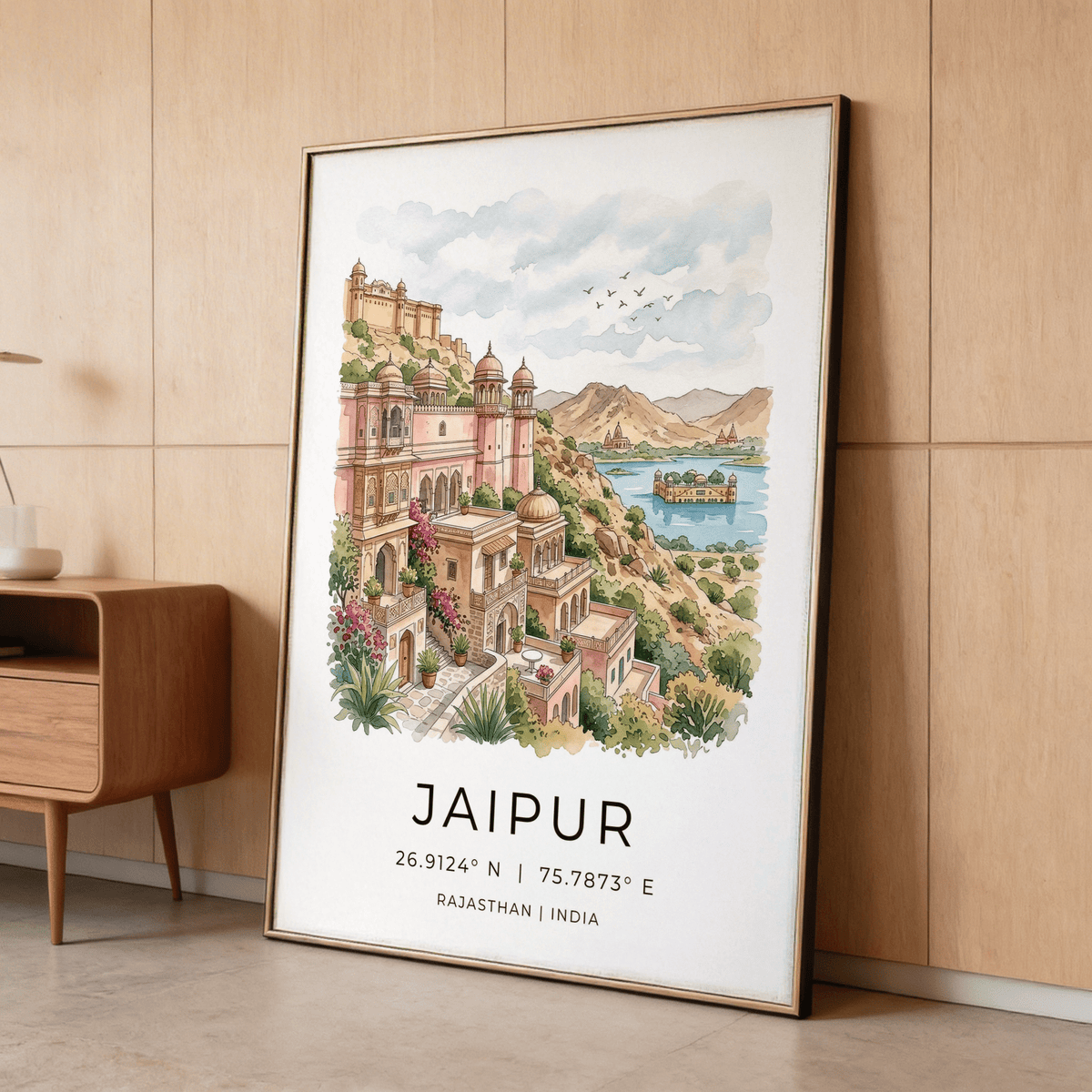 Travel poster print of Jaipur cityscape with lake pavilion, birds, and coordinates text