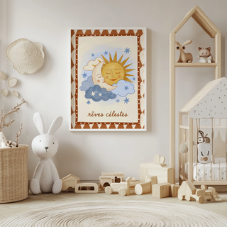 Dreamy Sky Wall Art displayed on shelf with wooden toys