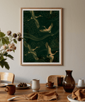 Decorative crane trio print against layered wave motifs