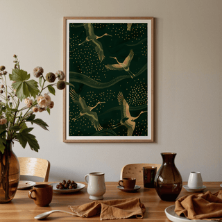 Decorative crane trio print against layered wave motifs