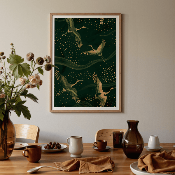 Decorative crane trio print against layered wave motifs