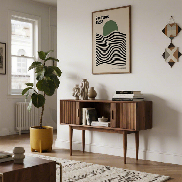 Minimalist Sage Green Print featuring black waves and green circle on beige background.