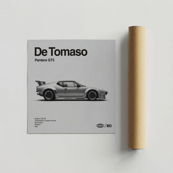 Automotive wall art featuring De Tomaso Pantera GT5 Print in Gray, Black and White