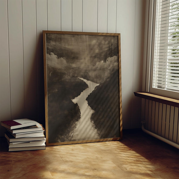 Abstract sumi e art of river scene with expressive brush texture.