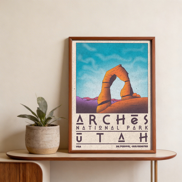 Text-based Arches National Park poster print with geometric lettering and coordinates
