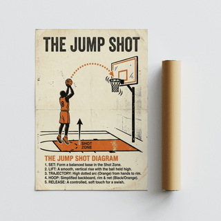 Lower half of basketball diagram poster featuring “The Jump Shot Diagram” title and instructional list