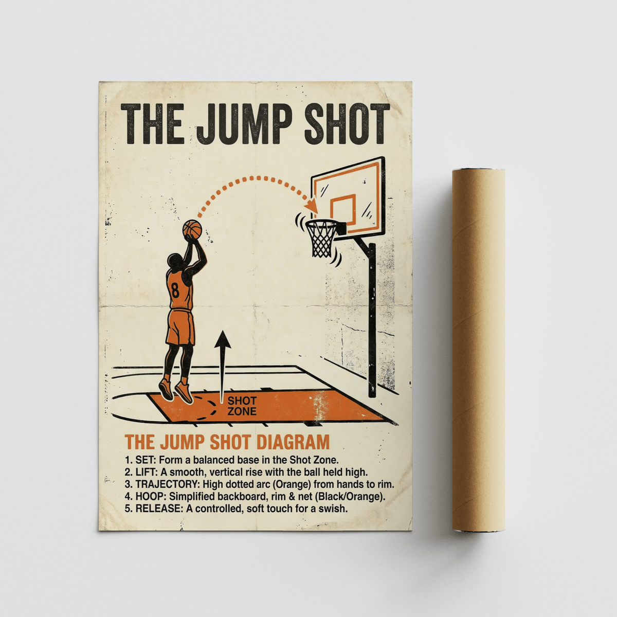 Lower half of basketball diagram poster featuring “The Jump Shot Diagram” title and instructional list