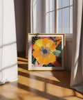 Bright yellow wall art with unique floral elements.