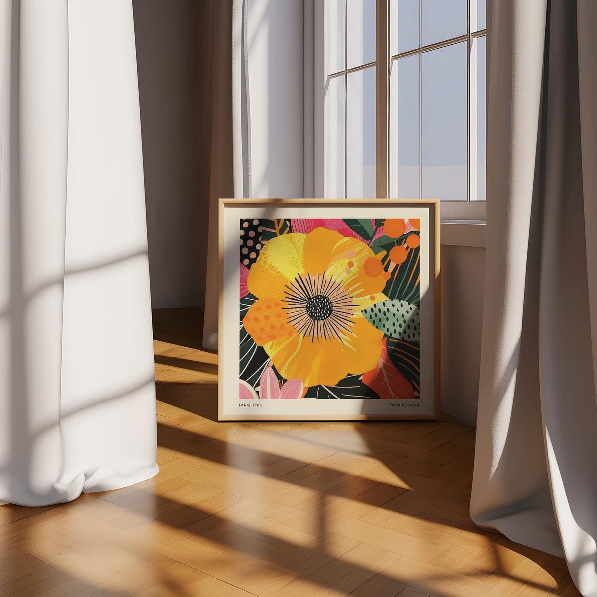 Abstract yellow flower art featuring expressive floral patterns