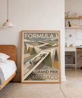 Vintage Grand Prix wall art print of F1 car speeding toward coastal horizon