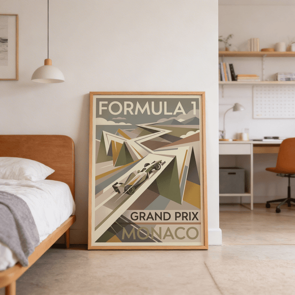 Vintage Grand Prix wall art print of F1 car speeding toward coastal horizon