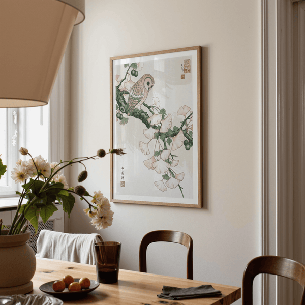 Illustrated owl poster print with patterned wings and botanical branch