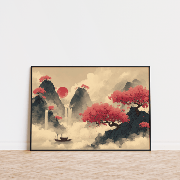 Chinese Ink Wall Art featuring serene Pink, Blue, Beige palette for office