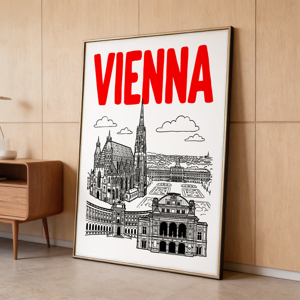 Detailed Vienna Cityscape Print featuring Vienna lettering and landmark linework