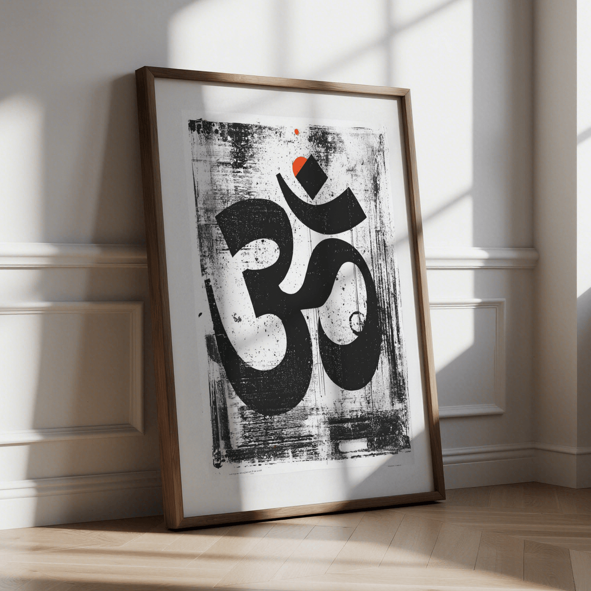 Graphic spiritual wall poster showing rough ink speckles and gray scuffs