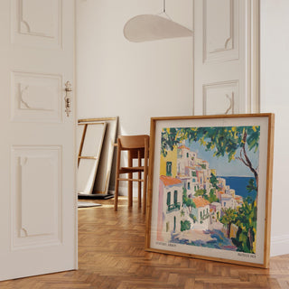 Cliffside buildings overlooking the sea in a Matisse-style Positano Art composition.