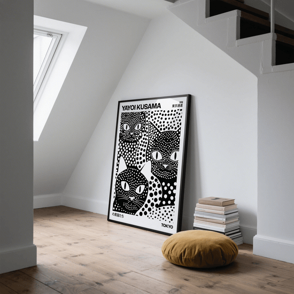 Striking polka-dot patterned Yayoi Kusama Black Cats artwork