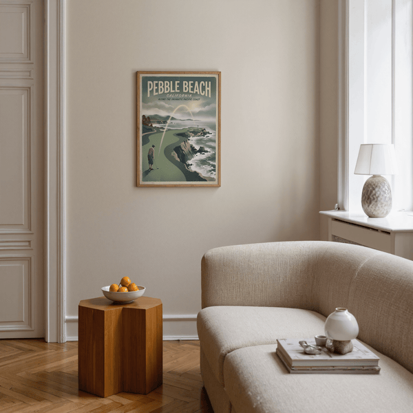 Pebble Beach Golf Print illustration with sweeping ball arc over coastal fairway