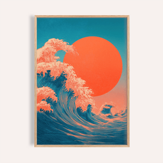 Japandi Waves Print in Blue and Red for living room wall art