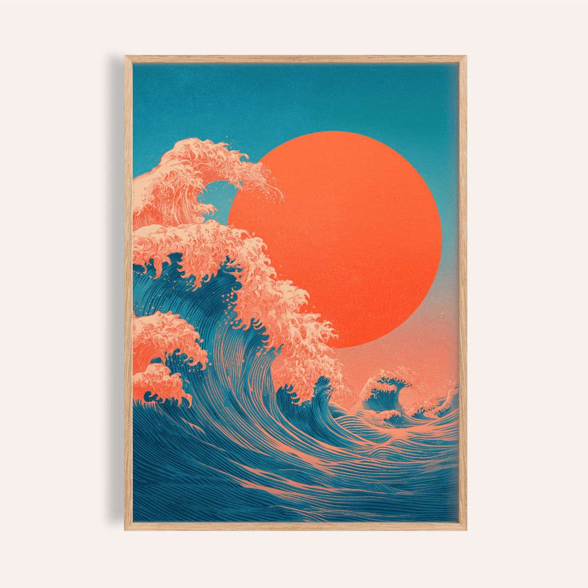 Japandi Waves Print in Blue and Red for living room wall art