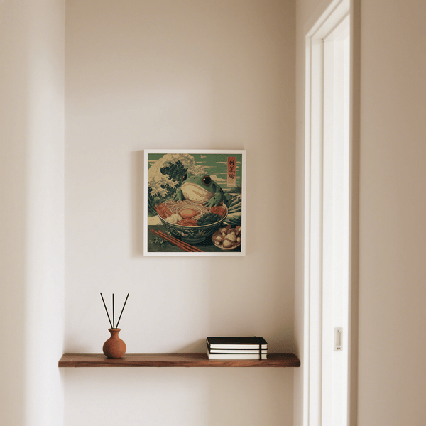 Frog Ramen Art with gray tones for modern living room decor