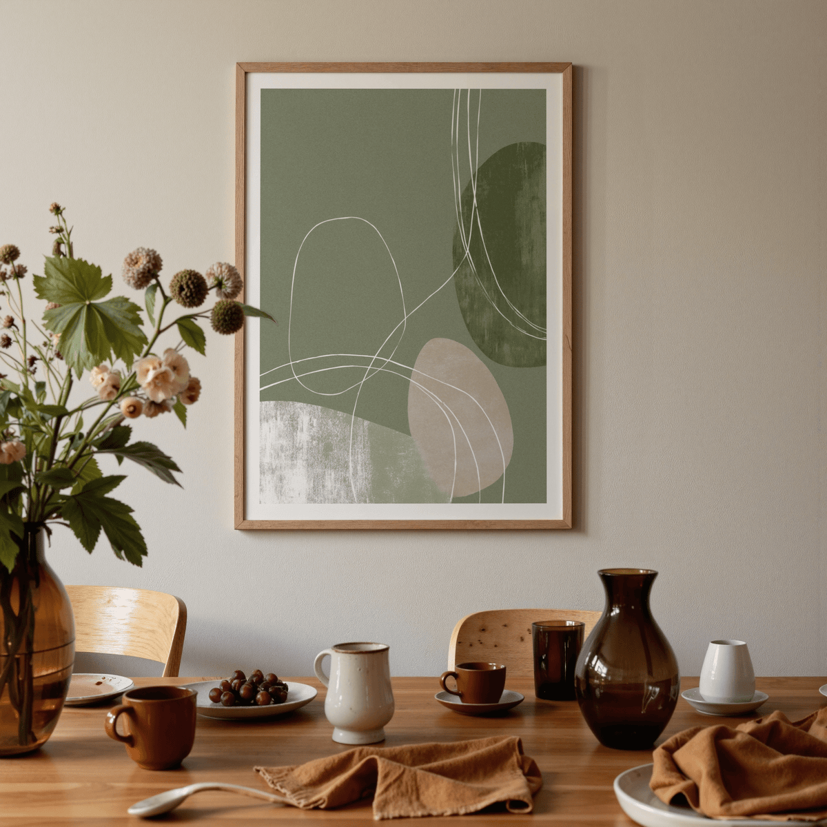 Geometric-leaning abstract wall art poster with contour lines crossing layered shapes
