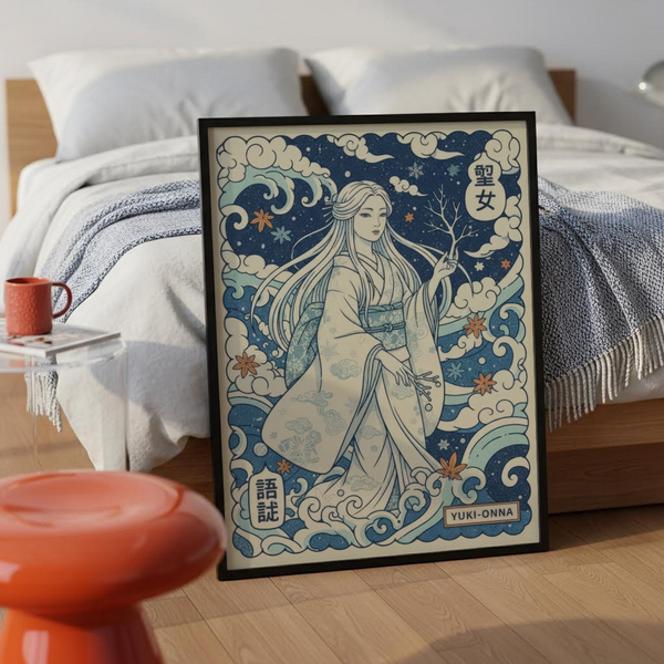 Framed mockup of Yuki Onna Wall Art with waves and cloud border