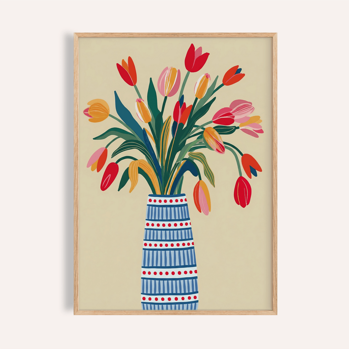 Floral Vase Art with Blue, Pink, Red, Beige, and Green for living room poster