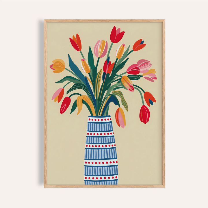 Floral Vase Art with Blue, Pink, Red, Beige, and Green for living room poster