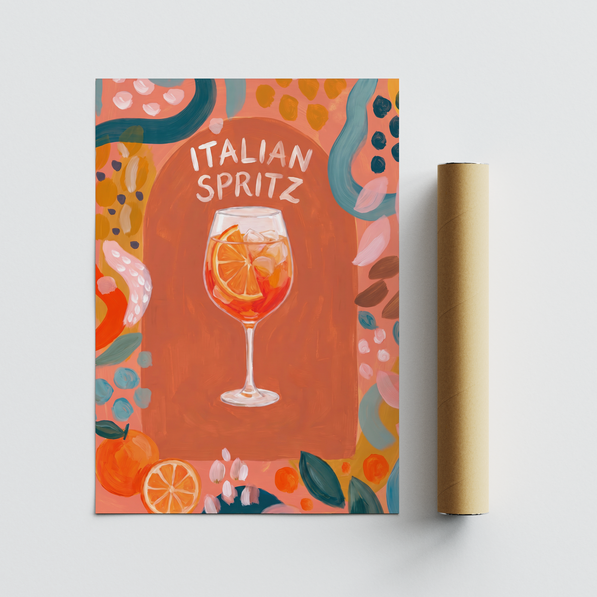 Depicting cocktail drink print with abstract border shapes, dotted accents, and centered spritz glass