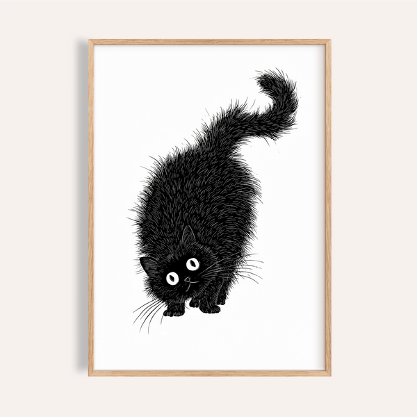 Arched Back Cat Print in Black and White for living room wall art